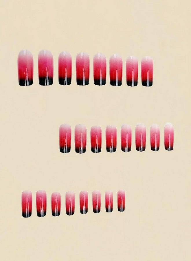 OCOUYVD Short Square Press on Nails Gradient Red French Tip Fake Nails with Designs Artificial Nail Reusable Full Cover False Nails Tips Kit Stick on Nail for Women Nail Art Manicure 24 Pcs - Image 4